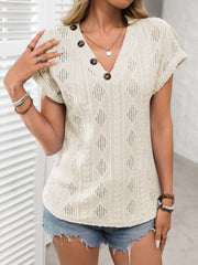 Openwork V-Neck Short Sleeve T-Shirt Dust Storm OutfitFlow