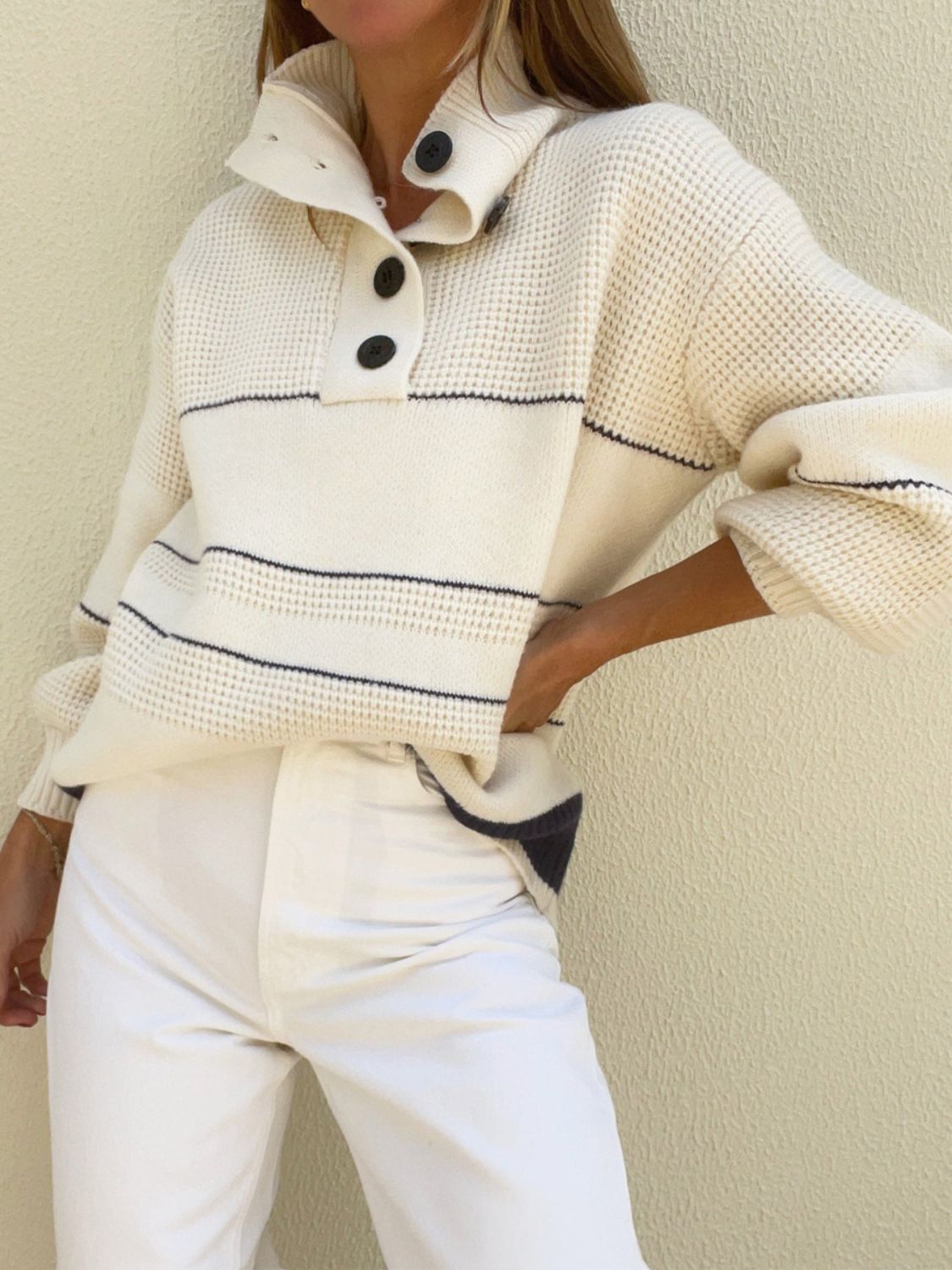 Outfit Flow - Waffle-Knit Half Button Long Sleeve Sweater