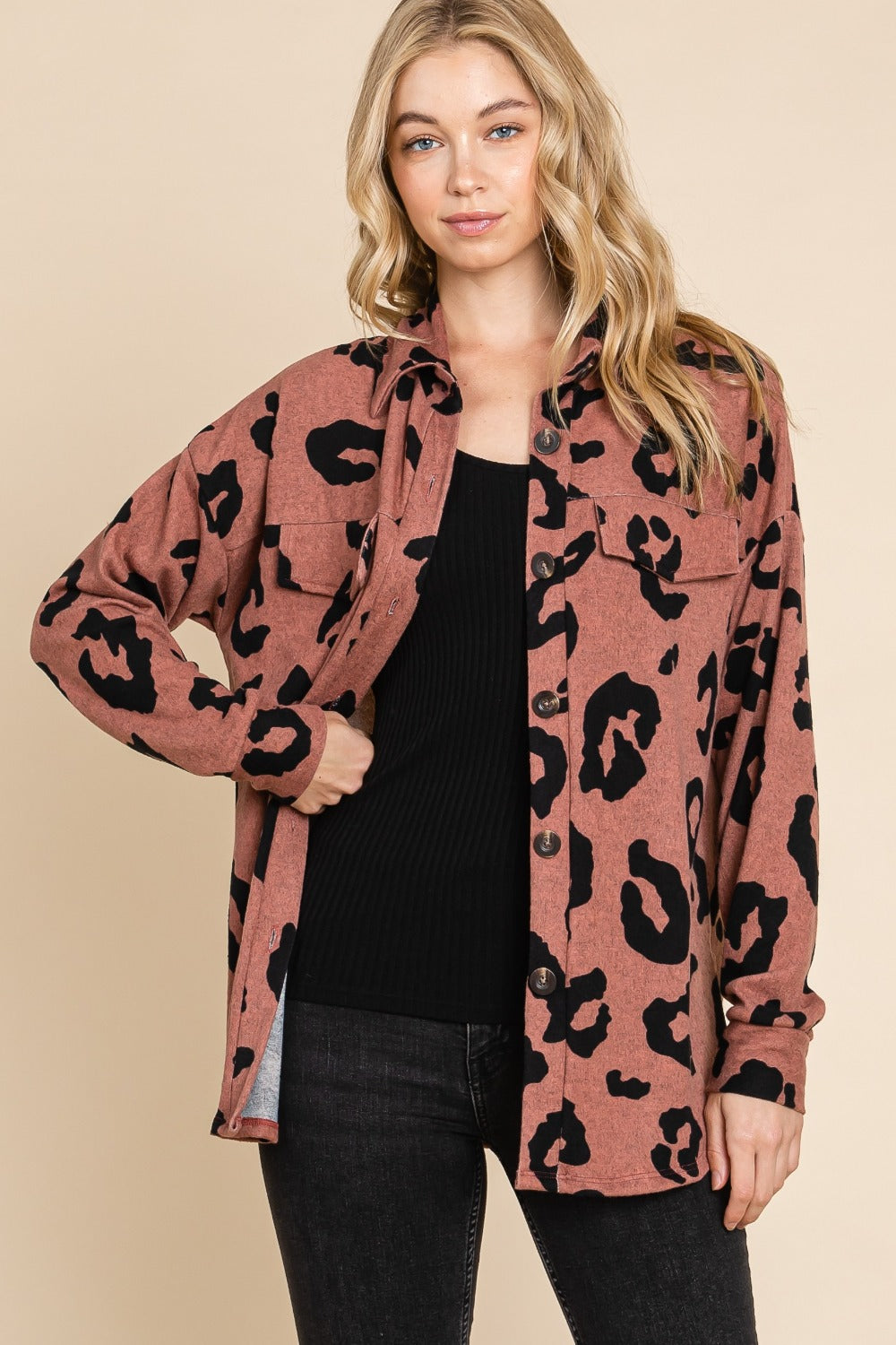 BOMBOM Animal Print Button Up Knit Jacket