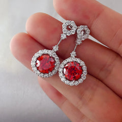 4 Carat Ruby Red Crystal Drop Earrings with Rhinestone Halo OutfitFlow