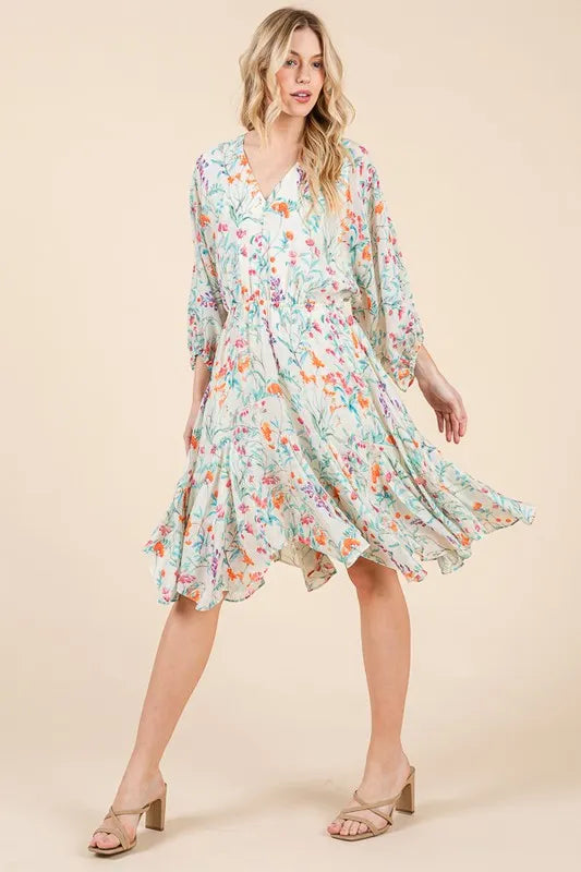 Lime 'N' Chili Floral Cinched Waist Balloon Sleeve V-Neck Dress OutfitFlow