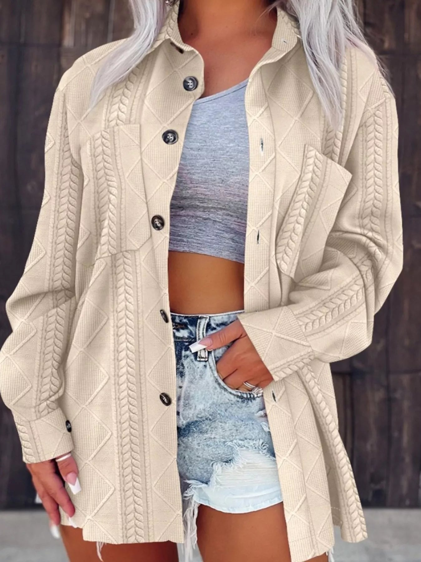 Button-Up Long Sleeve Oversized Jacket Khaki Trendsi