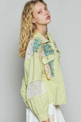 POL Printed Woven Mix Raw Hem Jacket with Lace Detail OutfitFlow