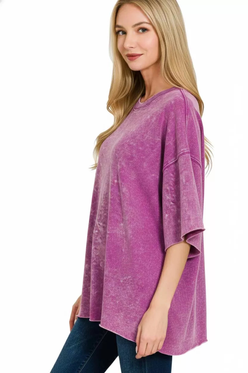 Zenana French Terry Washed Drop Shoulder Short Sleeve Top OutfitFlow