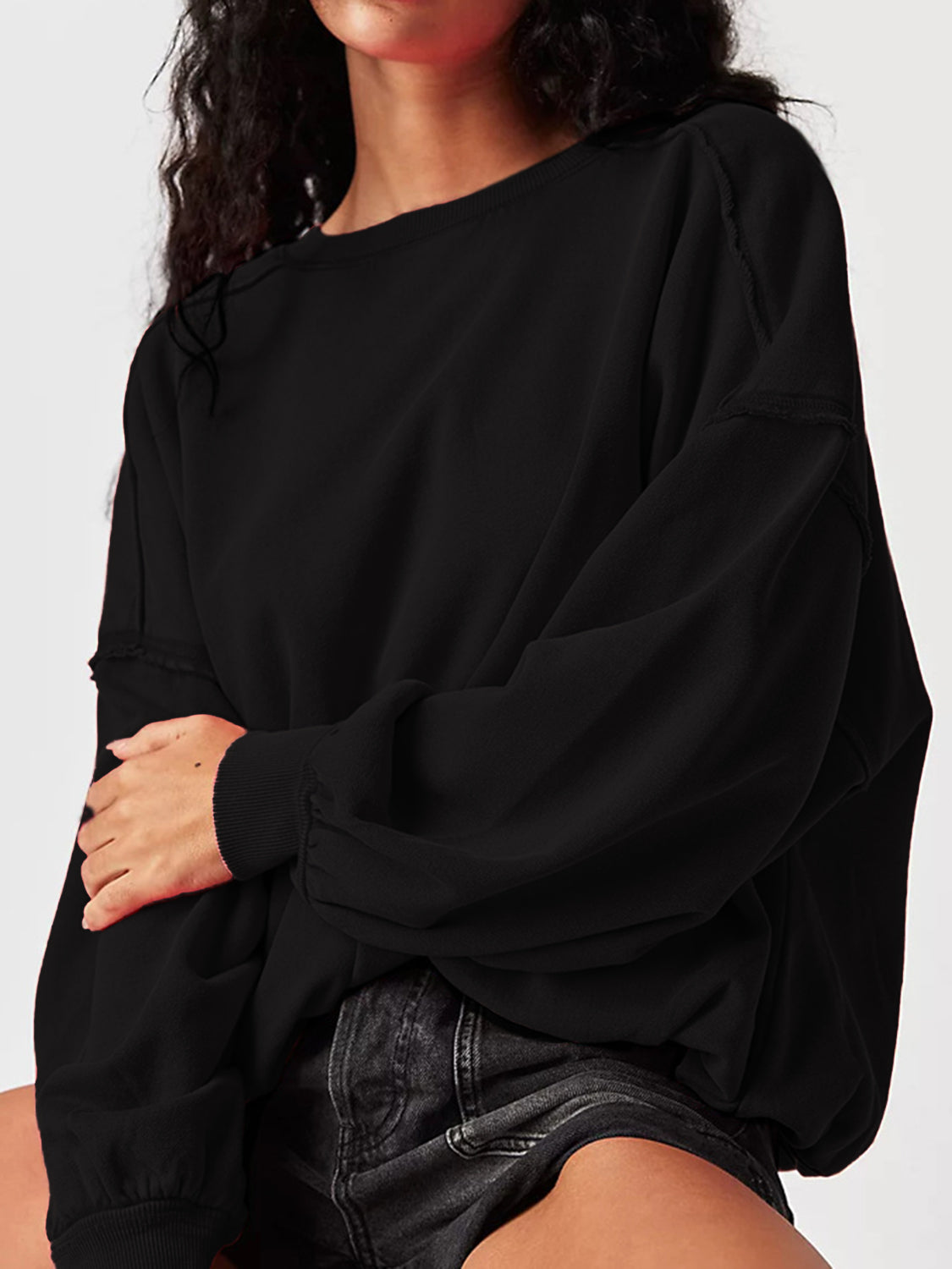 Outfit Flow - Exposed Seam Round Neck Long Sleeve Sweatshirt