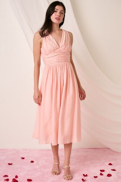 Mittoshop Ruched V-Neck Sleeveless Midi Dress OutfitFlow