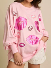 Lips Round Neck Dropped Shoulder Sweatshirt OutfitFlow