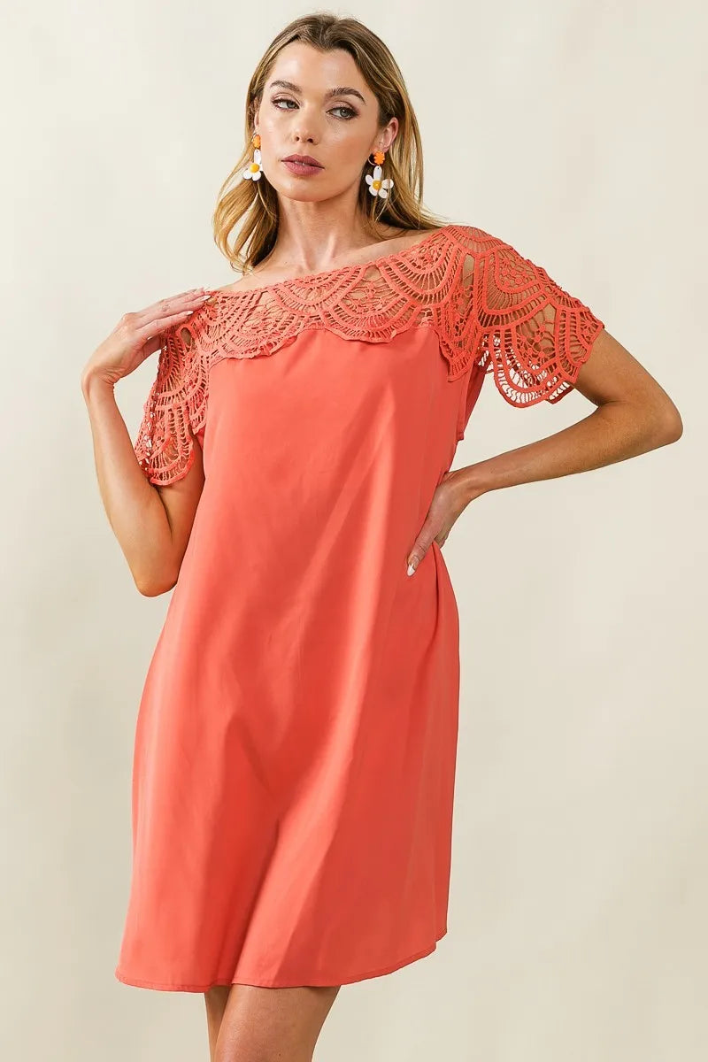 BiBi Crochet Lace Yoke Detailed Wrinkled Dress OutfitFlow