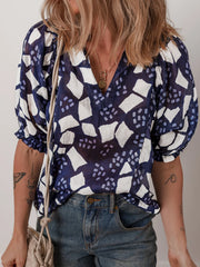 Abstract Print Frilled Puff Sleeve V Neck Blouse Navy OutfitFlow