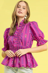 Umgee Printed Half Sleeve Peplum Blouse OutfitFlow