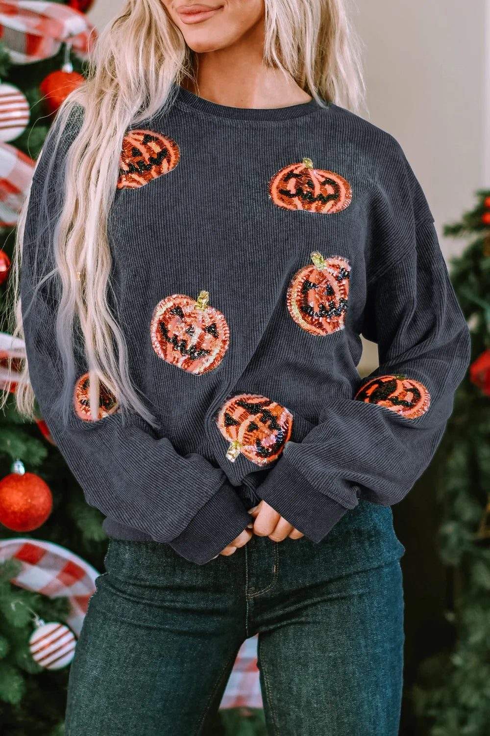 Sequin Patch Pumpkin Round Neck Sweatshirt Dark Gray OutfitFlow