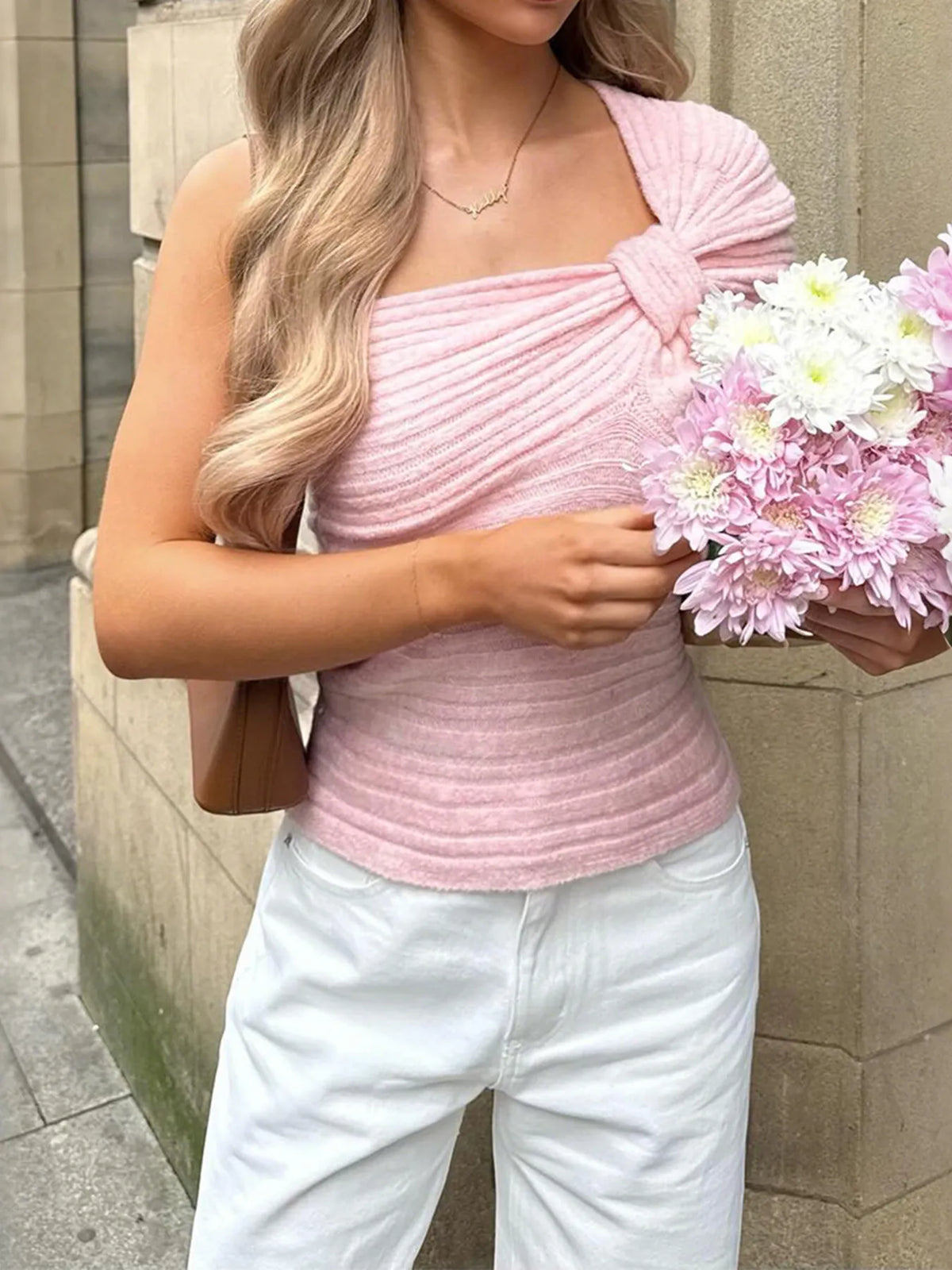 One Shoulder Ribbed Sweater Pink OutfitFlow