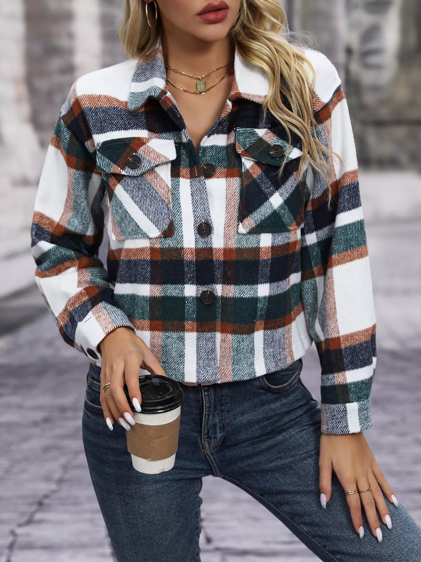 Plaid Oversized Button-Up Cropped Jacket OutfitFlow