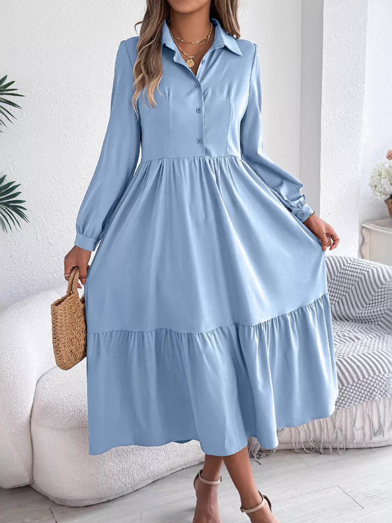 Long Sleeve Tiered Button Front Midi Dress OutfitFlow