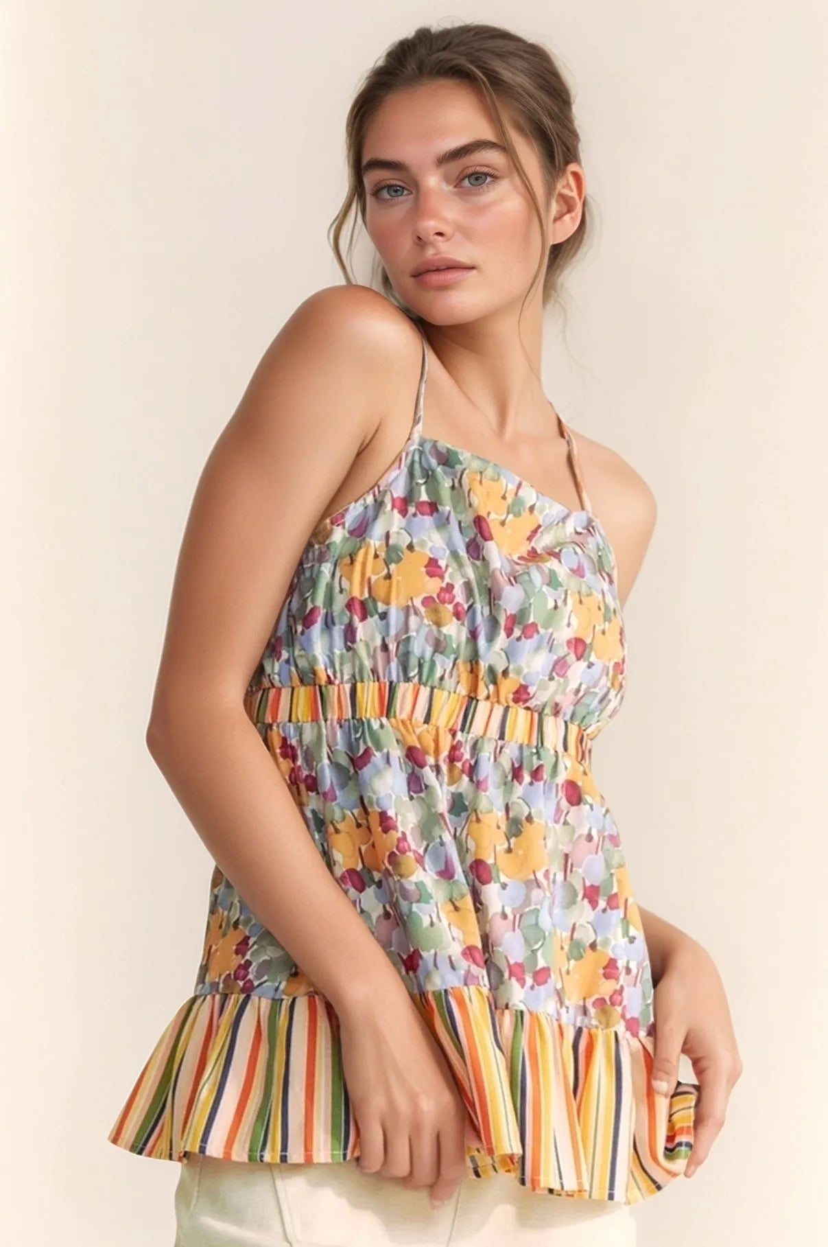 Davi & Dani Floral Smocked Sleeveless Ruffle Back Tie Top OutfitFlow