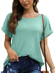 Full Size Waffle Knit Relaxed Fit T-Shirt Plus Size Green OutfitFlow
