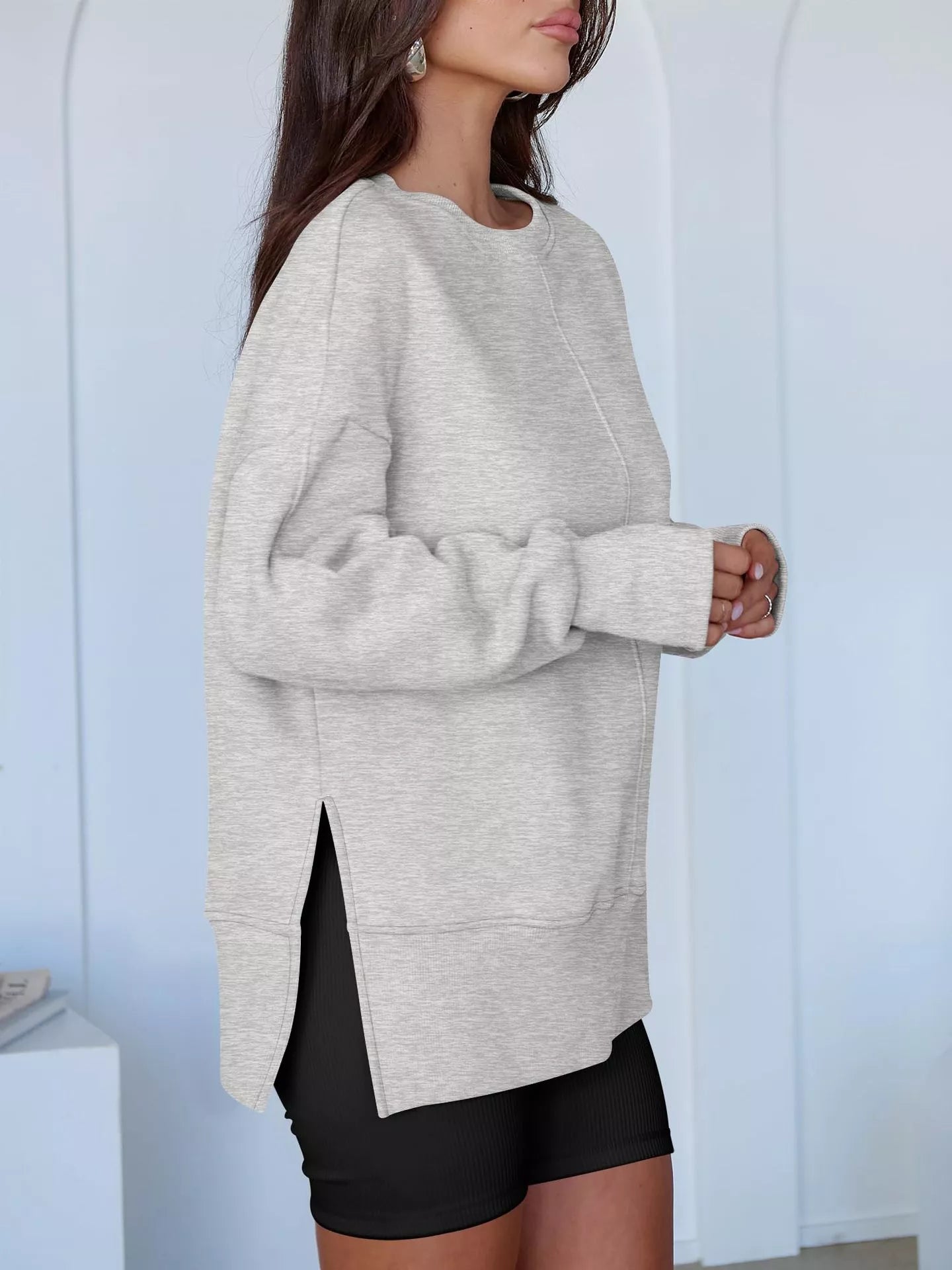 Side Slit Round Neck Long Sleeve Sweatshirt OutfitFlow