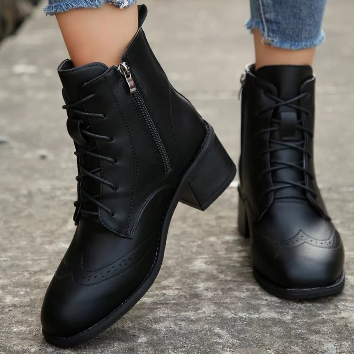 Lace-Up Ankle Boots with Zipper Trendsi