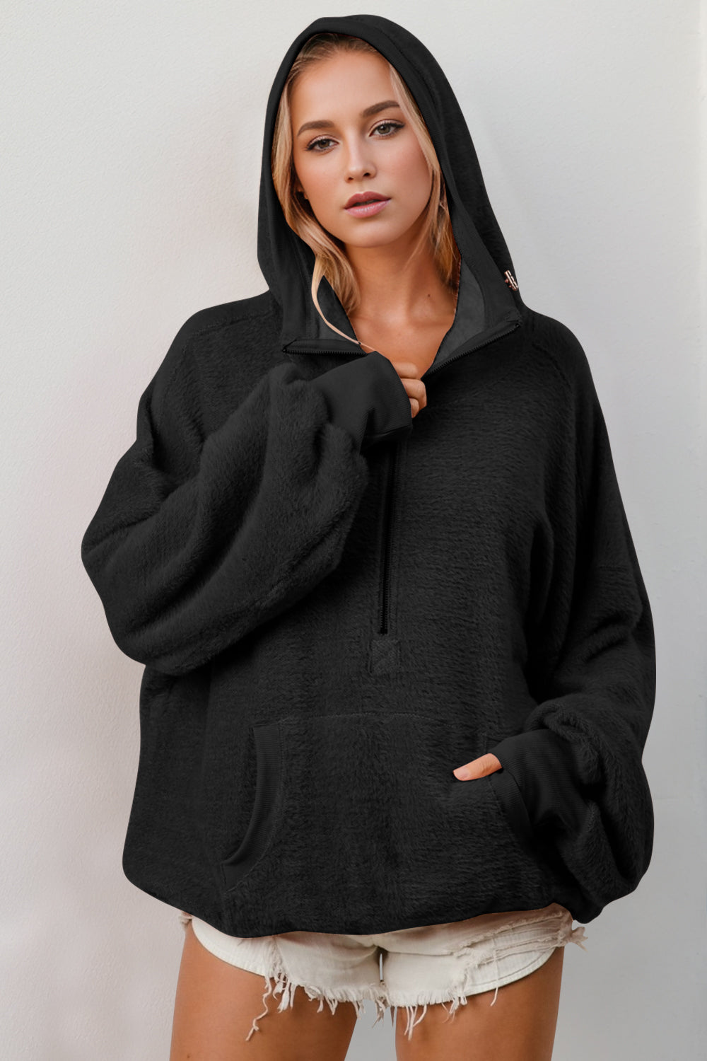 Outfit Flow - Double Take Half Zip Long Sleeve Hoodie with Kangaroo Pocket