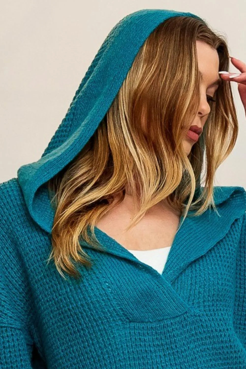 BiBi Raw Edge Detail V-Neck Sweater Hoodie OutfitFlow