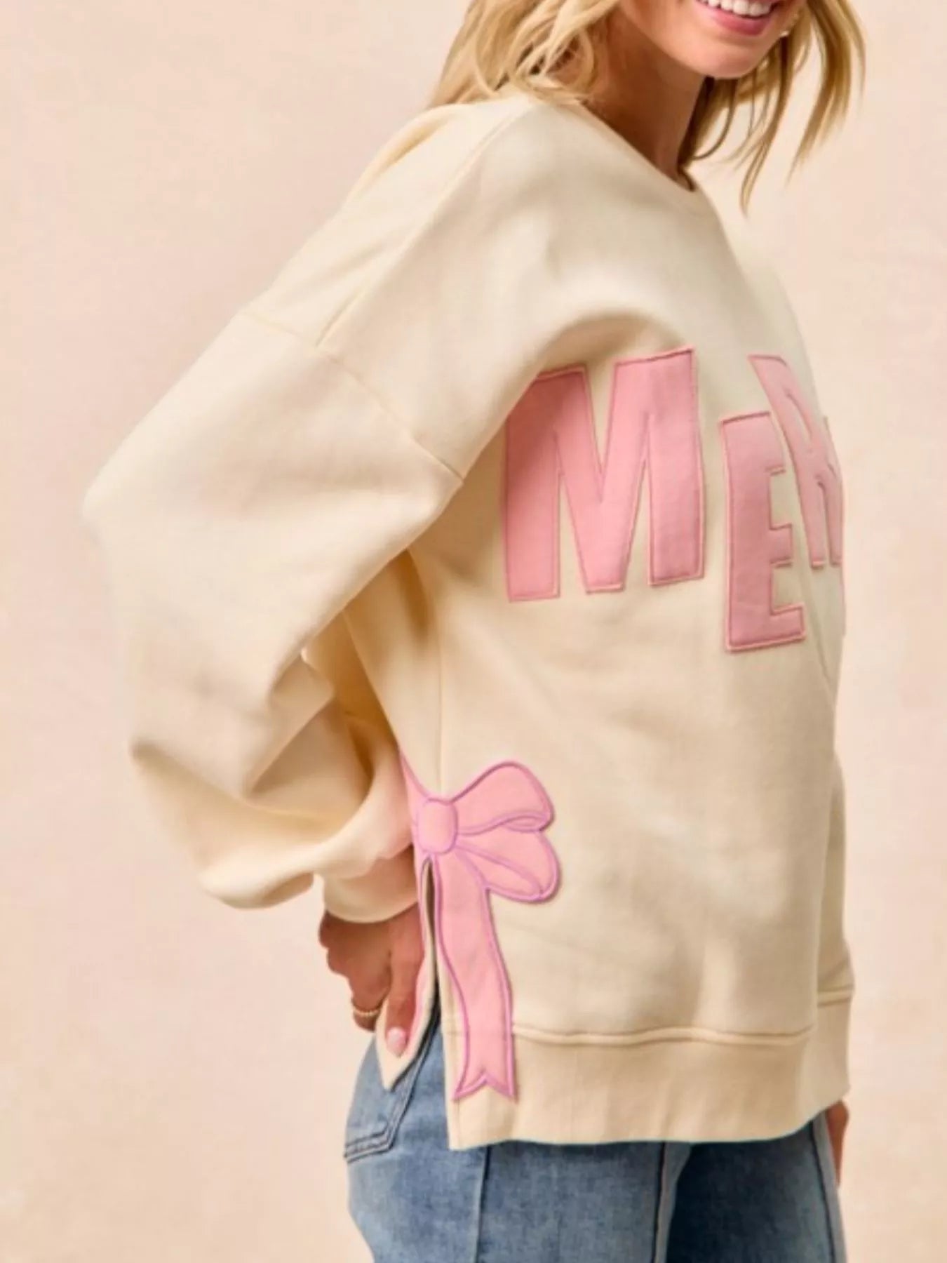 MERRY Bow Slit Crew Neck Christmas Sweatshirt OutfitFlow