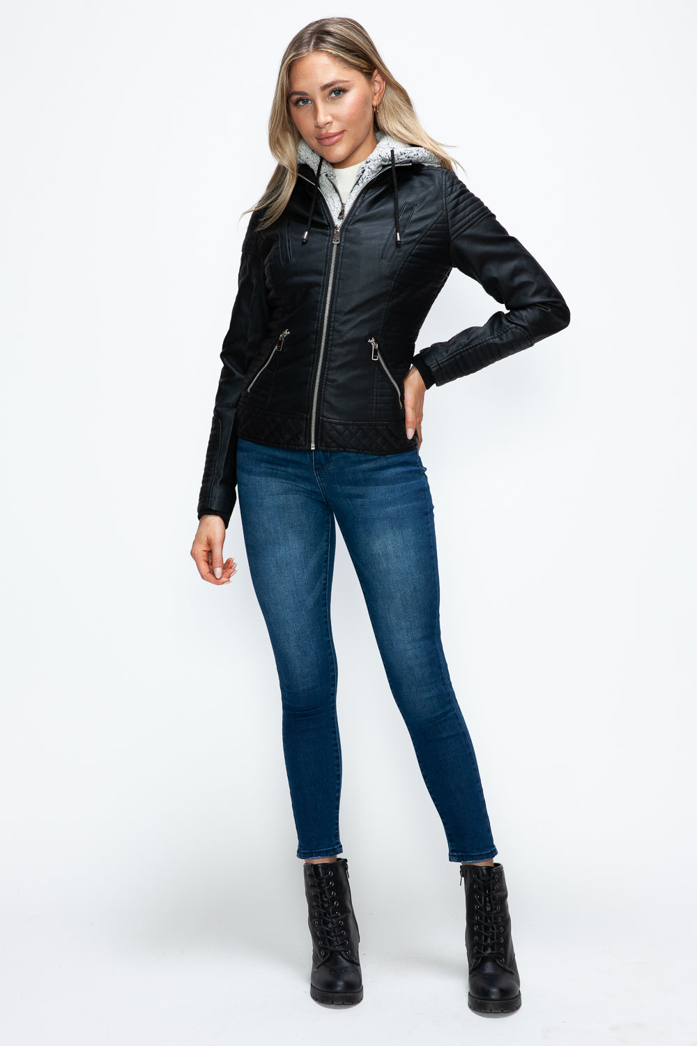 Outfit Flow - YMI Faux Layered Double-Zipper Jacket with Fuzzy Hood