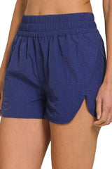 Zenana Windbreaker Smocked Waistband Running Shorts LT NAVY OutfitFlow