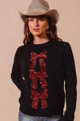 SO ME Sequins Bow Ribbon Embellished Christmas Sweater OutfitFlow