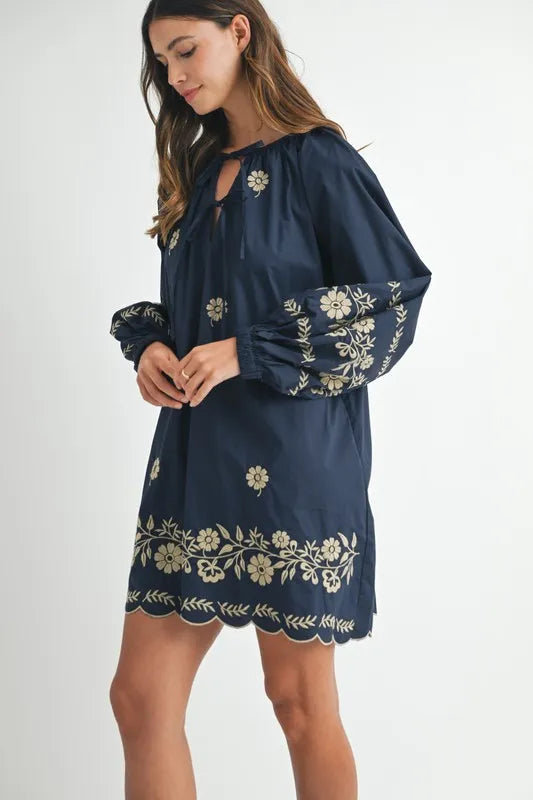 MABLE Embroidered Long Sleeve Peasant Mini Dress OutfitFlow