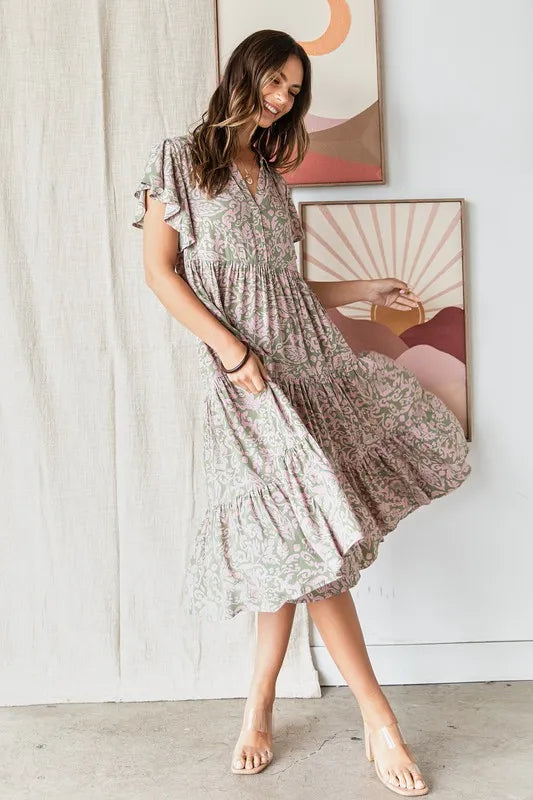 Mittoshop Abstract Print Ruffle Tier Midi Dress OutfitFlow