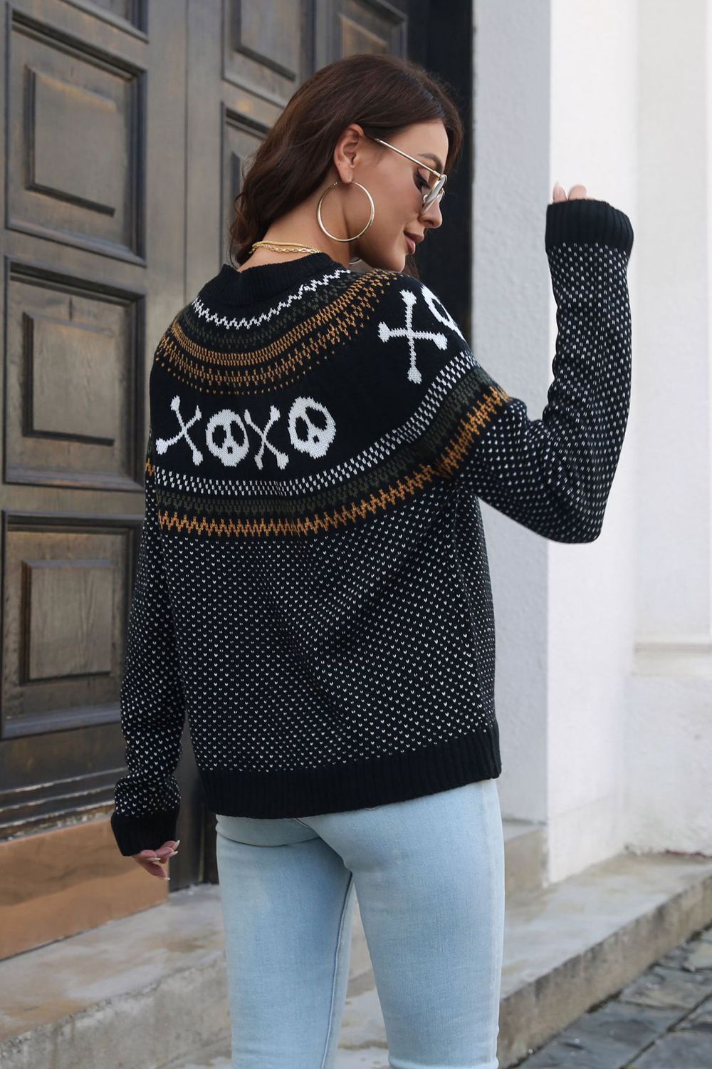 Ghost Pattern Round Neck Long Sleeve Sweater OutfitFlow