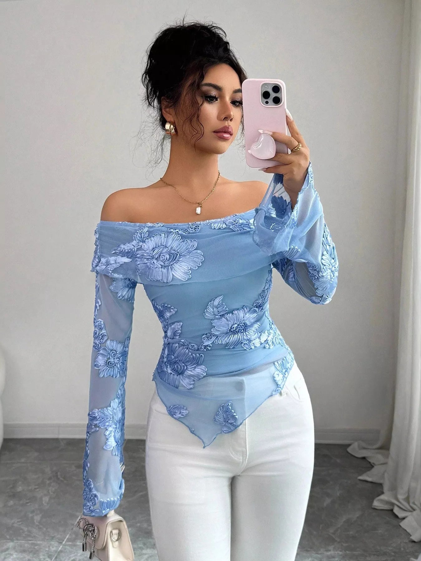 Floral Off-Shoulder Mesh Blouse OutfitFlow