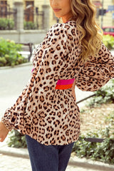 Leopard Print V-Neck Blouse with Contrast Trim OutfitFlow