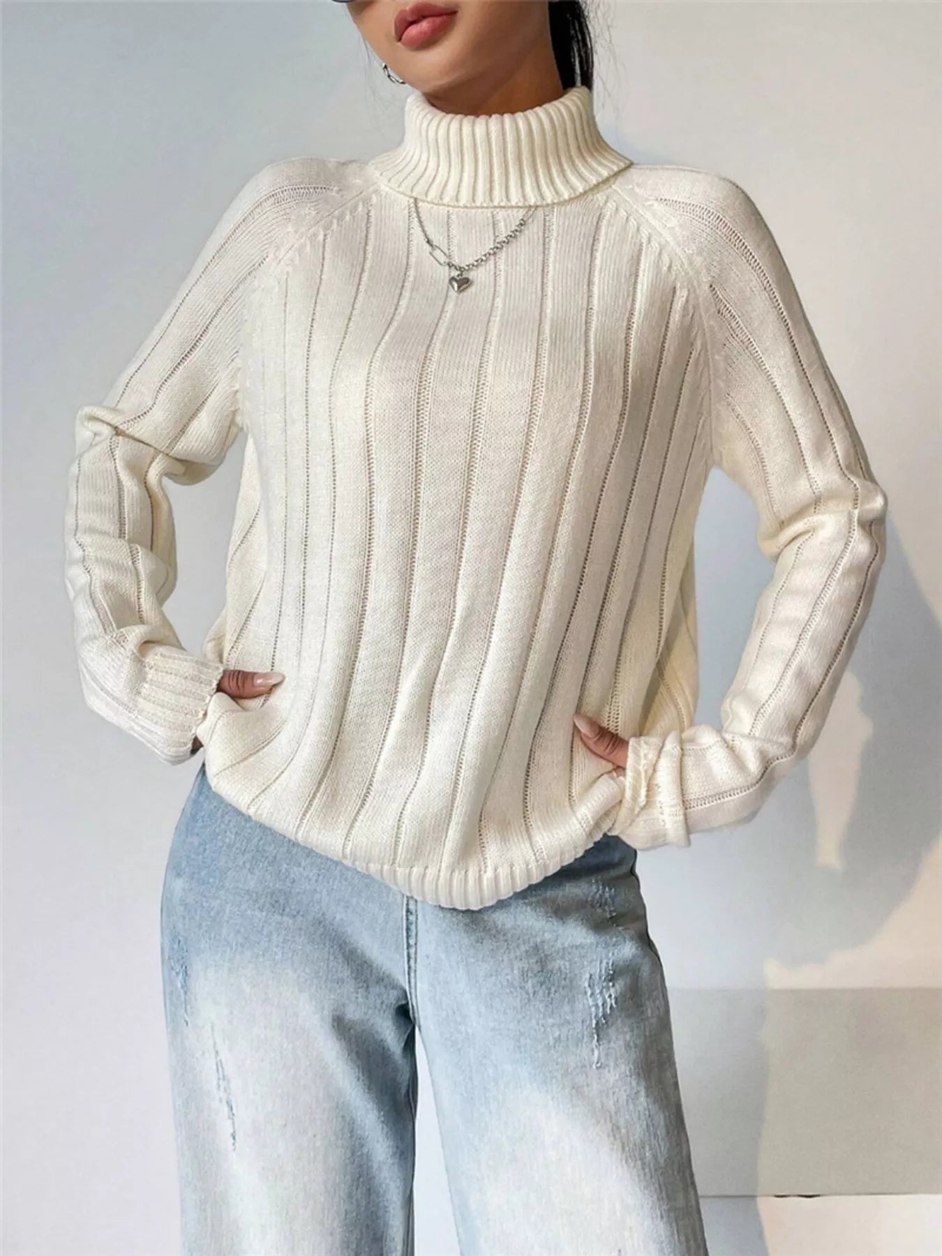 Ribbed Turtleneck Long Sleeve Sweater Cream OutfitFlow