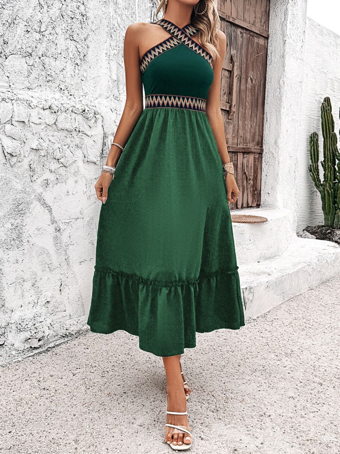 Devine Ruffled Slit Sleeveless Midi Dress Dark Green OutfitFlow