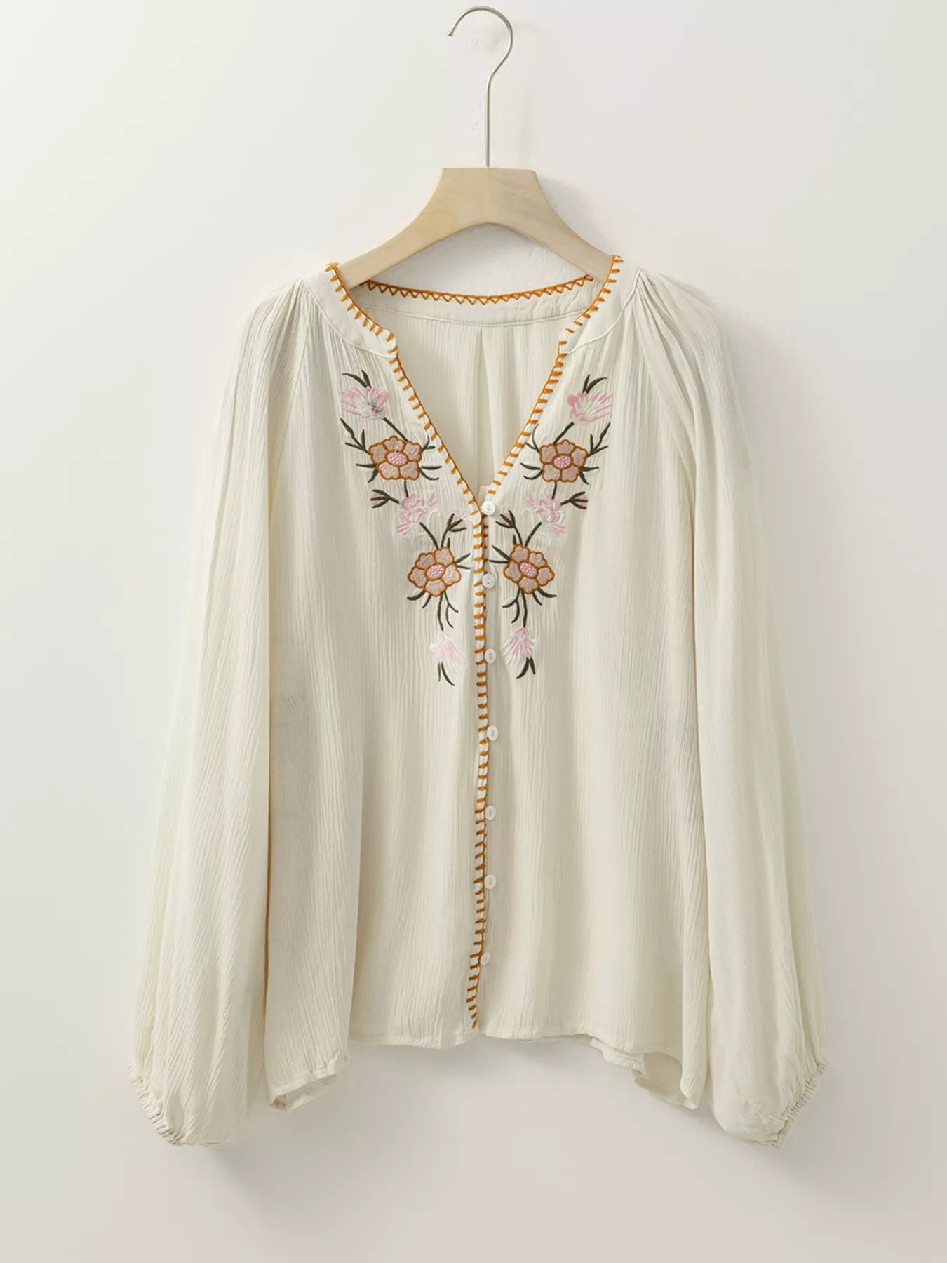 Floral Embroidered Textured Puff Sleeve Loose Shirt OutfitFlow