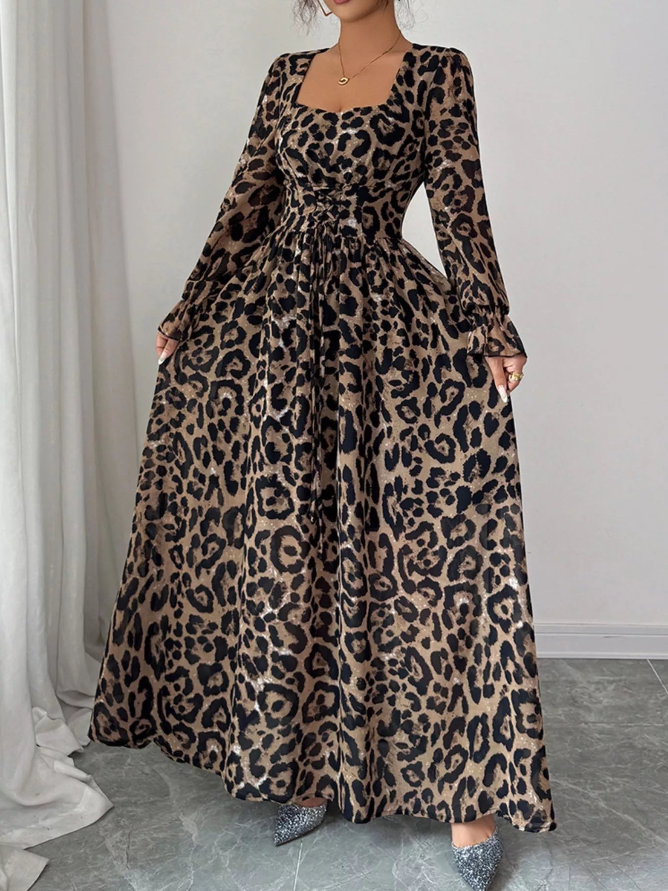 Leopard Sweetheart Neck Flounce Sleeve Maxi Dress OutfitFlow
