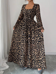 Leopard Sweetheart Neck Flounce Sleeve Maxi Dress OutfitFlow