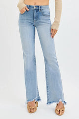 RISEN Full Size Tummy Control Mid Rise Flare Jeans with Fray Hem Detailed Plus Size MEDIUM Trendsi