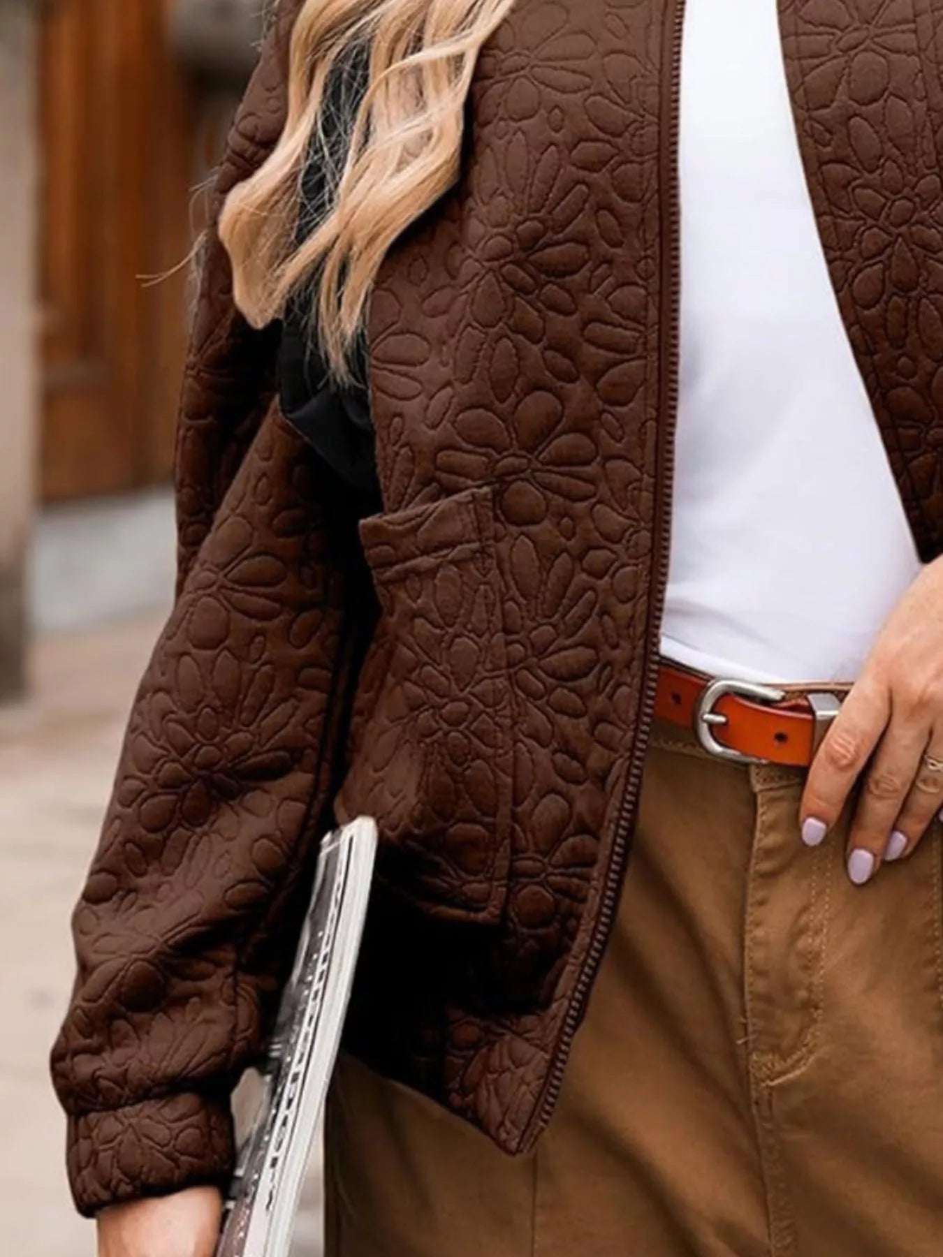 Full Size Floral Quilted Zip Up Jacket Plus Size Trendsi