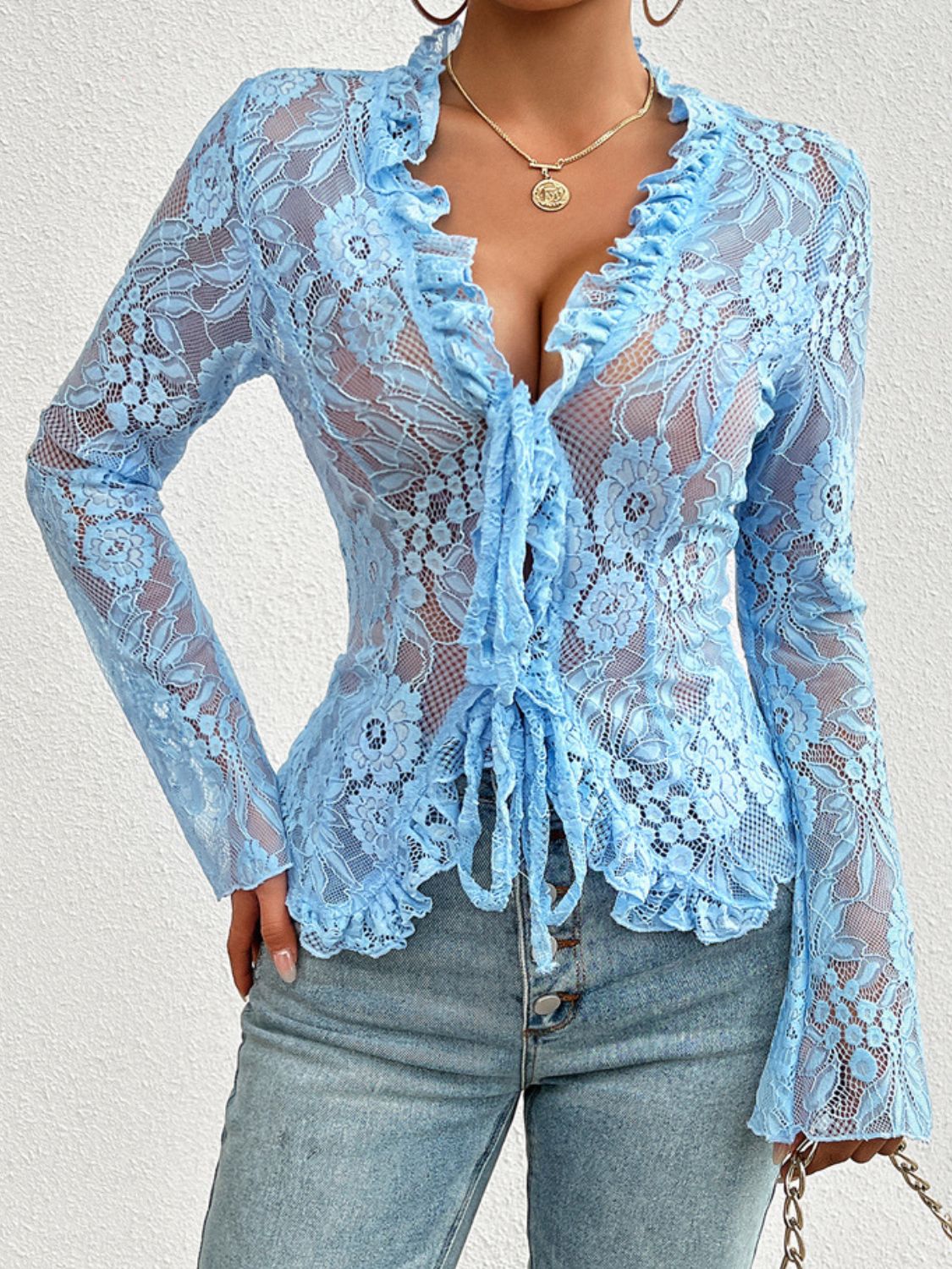 Outfit Flow - Tied V-Neck Long Sleeve Lace Top