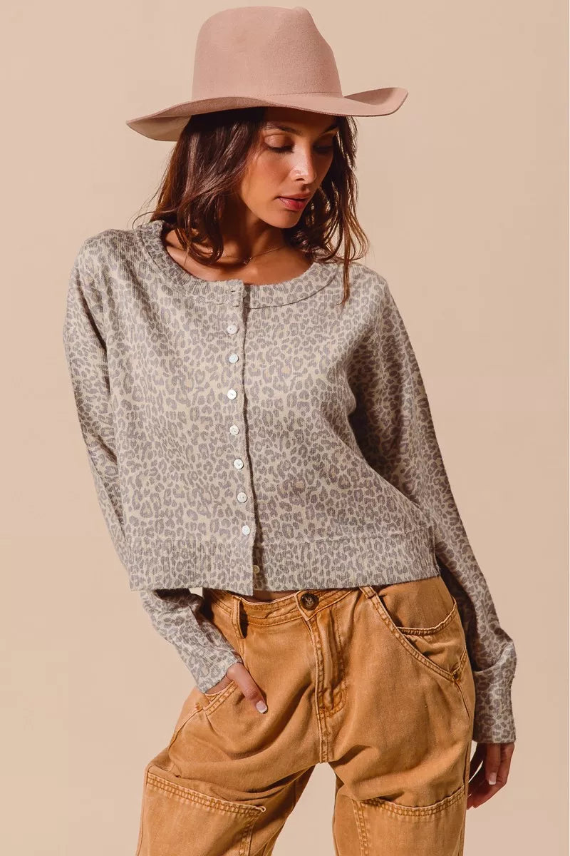 SO ME Two Tone Leopard Vintage Print Button Up Cardigan OutfitFlow