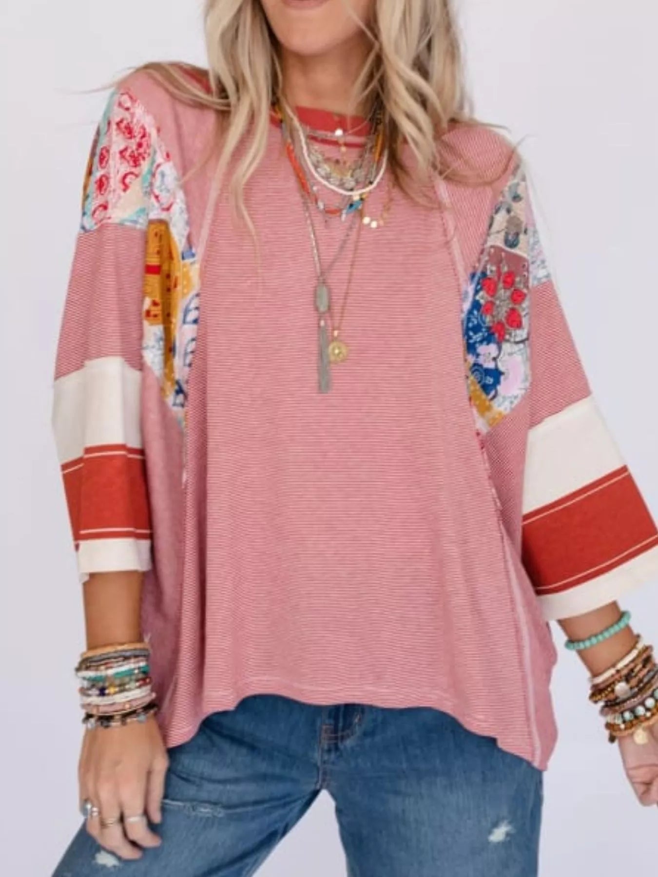 Striped Floral Long Sleeve T-Shirt Peach Color OutfitFlow