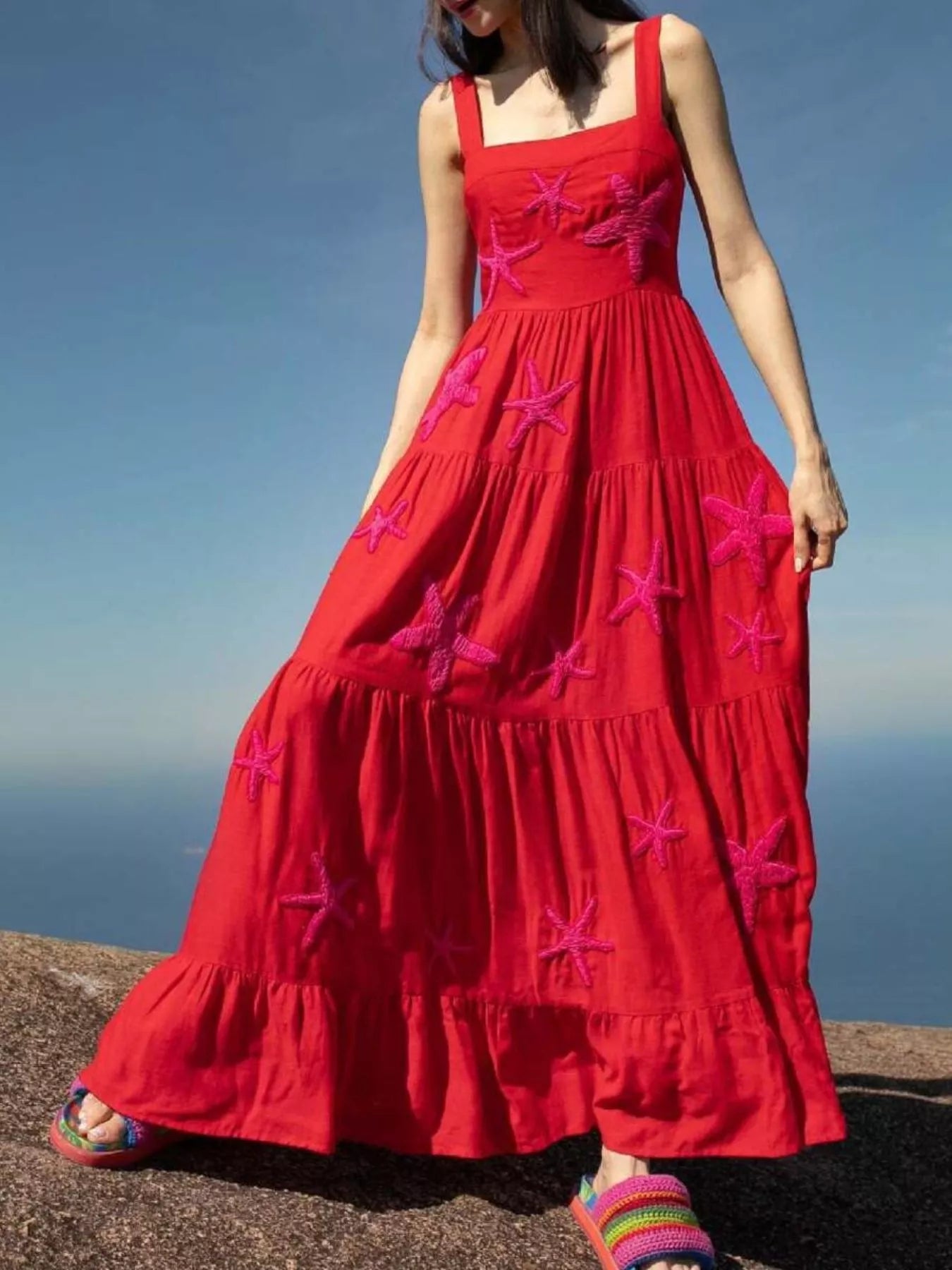 Embroidered Square Neck Tiered Maxi Cami Dress Deep Red OutfitFlow