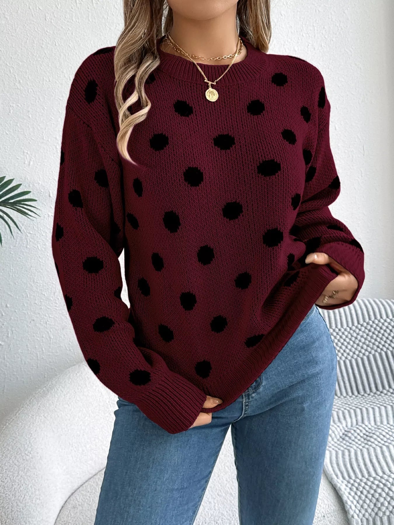 Polka Dot Round Neck Sweater OutfitFlow