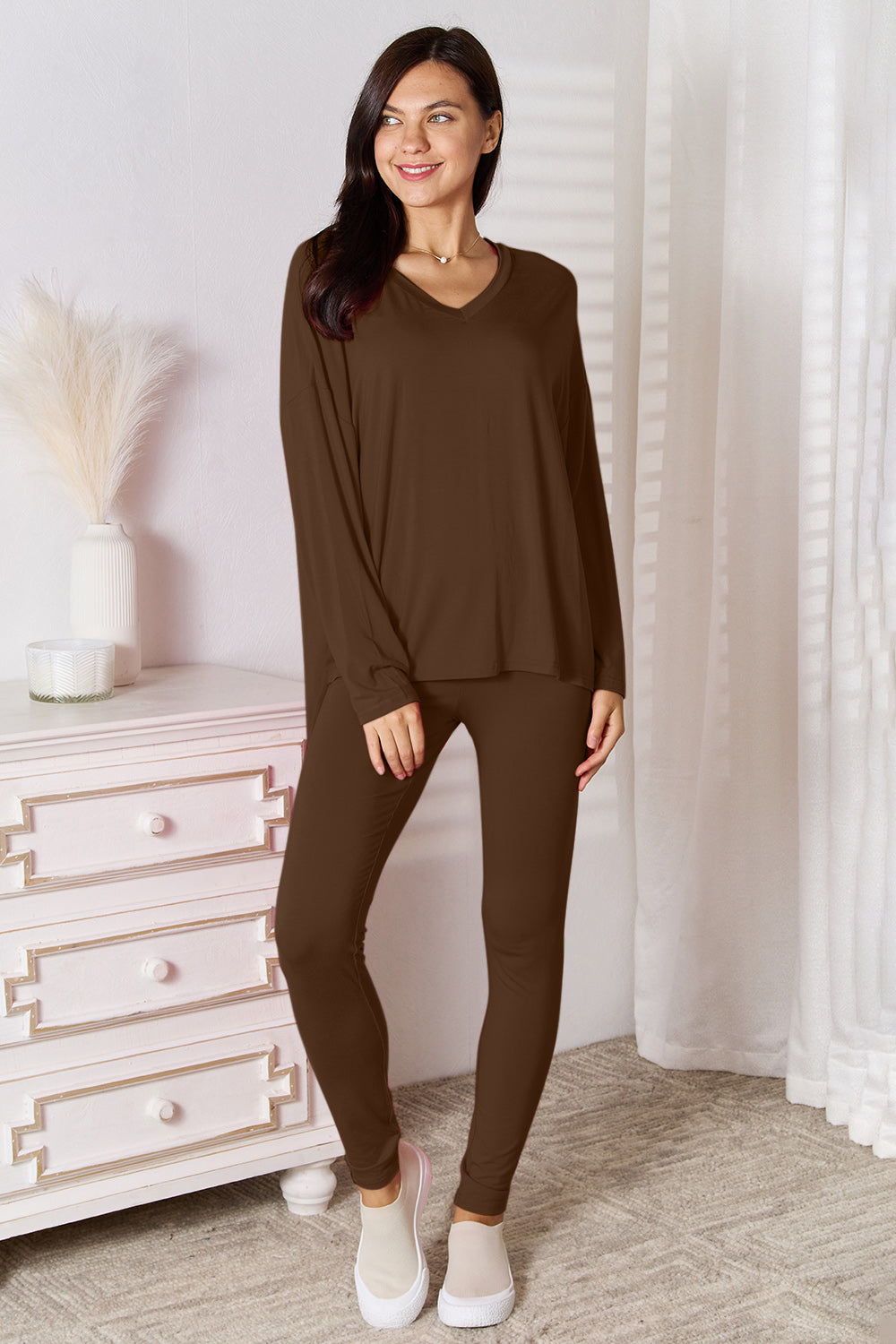Basic Bae Full Size V-Neck Soft Rayon Long Sleeve Top and Pants Lounge Set OutfitFlow