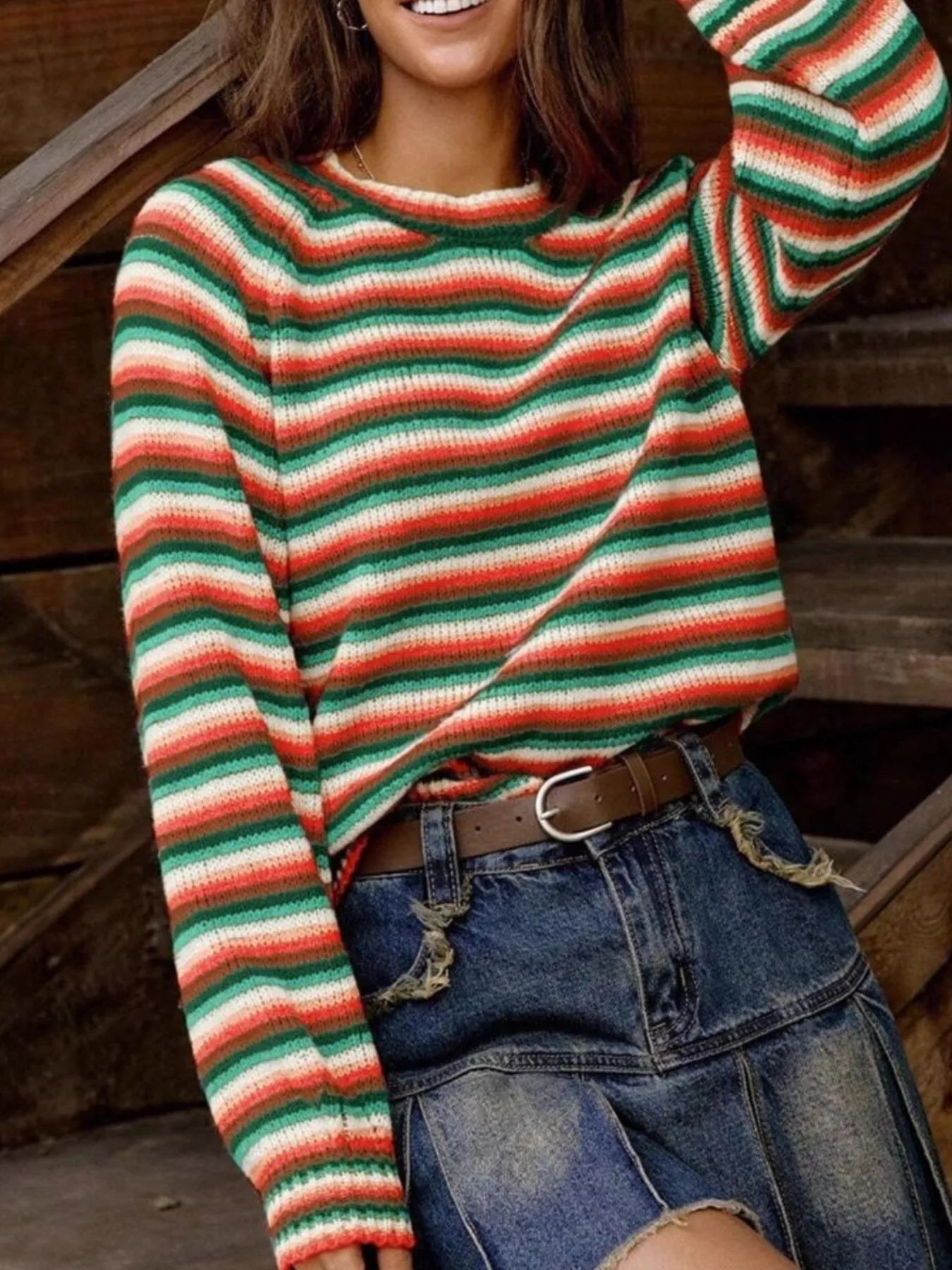 Rainbow Striped Pullover Sweater Dark Green OutfitFlow