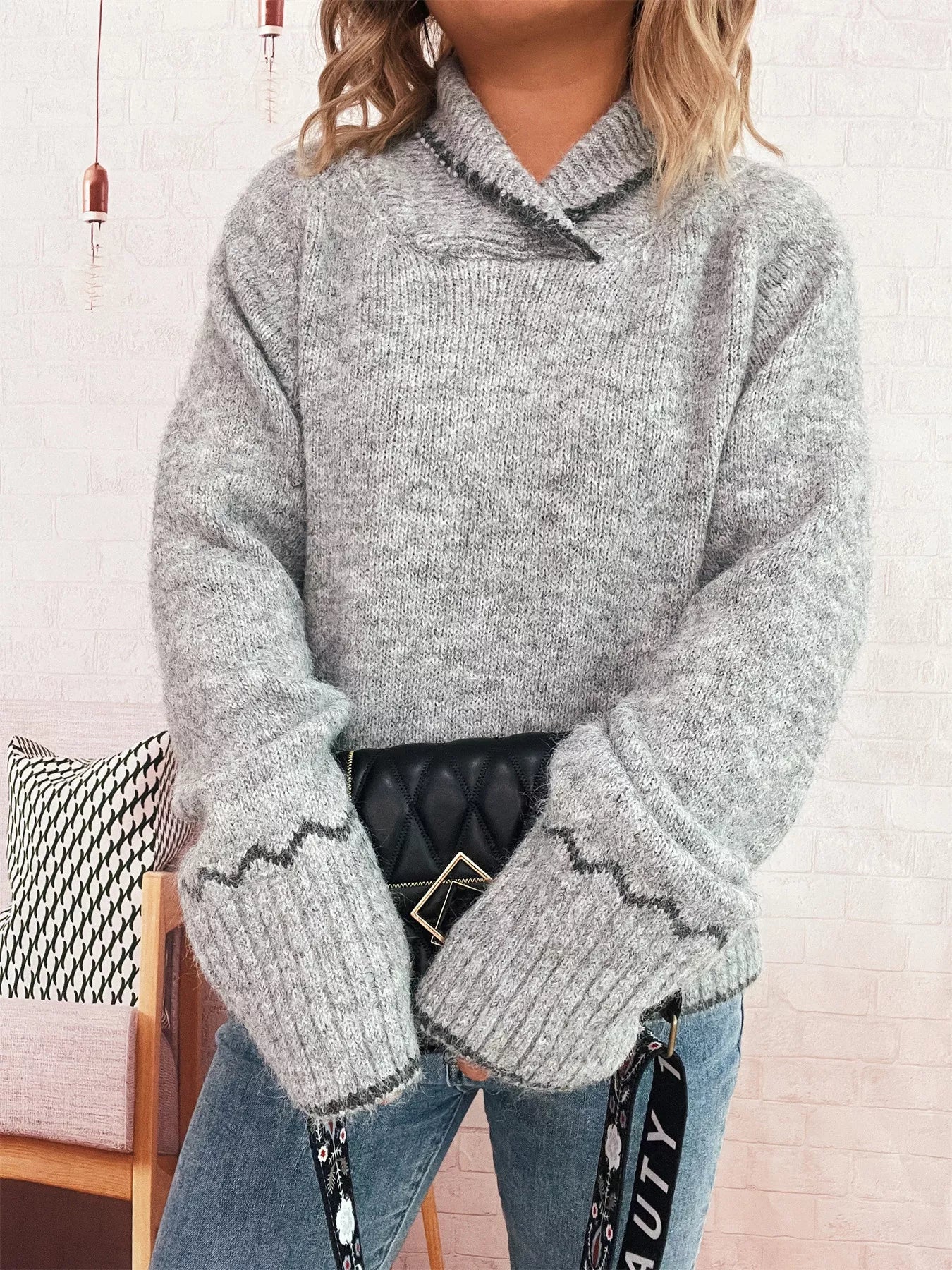 Ribbed Contrast Trim Long Sleeve Sweater OutfitFlow