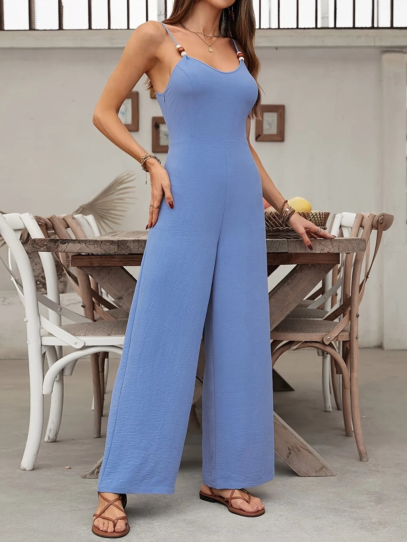 Spaghetti Strap Wide Leg Jumpsuit OutfitFlow