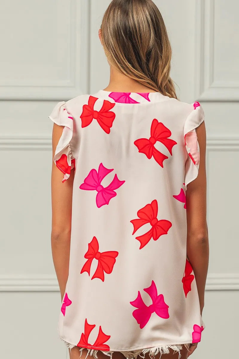 BiBi Bow Printed Woven Ruffled Sleeves V Neck Top OutfitFlow